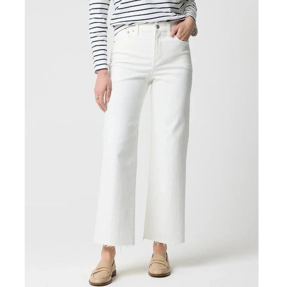 J.Crew Wide-Leg Crop Seashell White Jeans Raw Hem All Day Stretch Denim Size 29